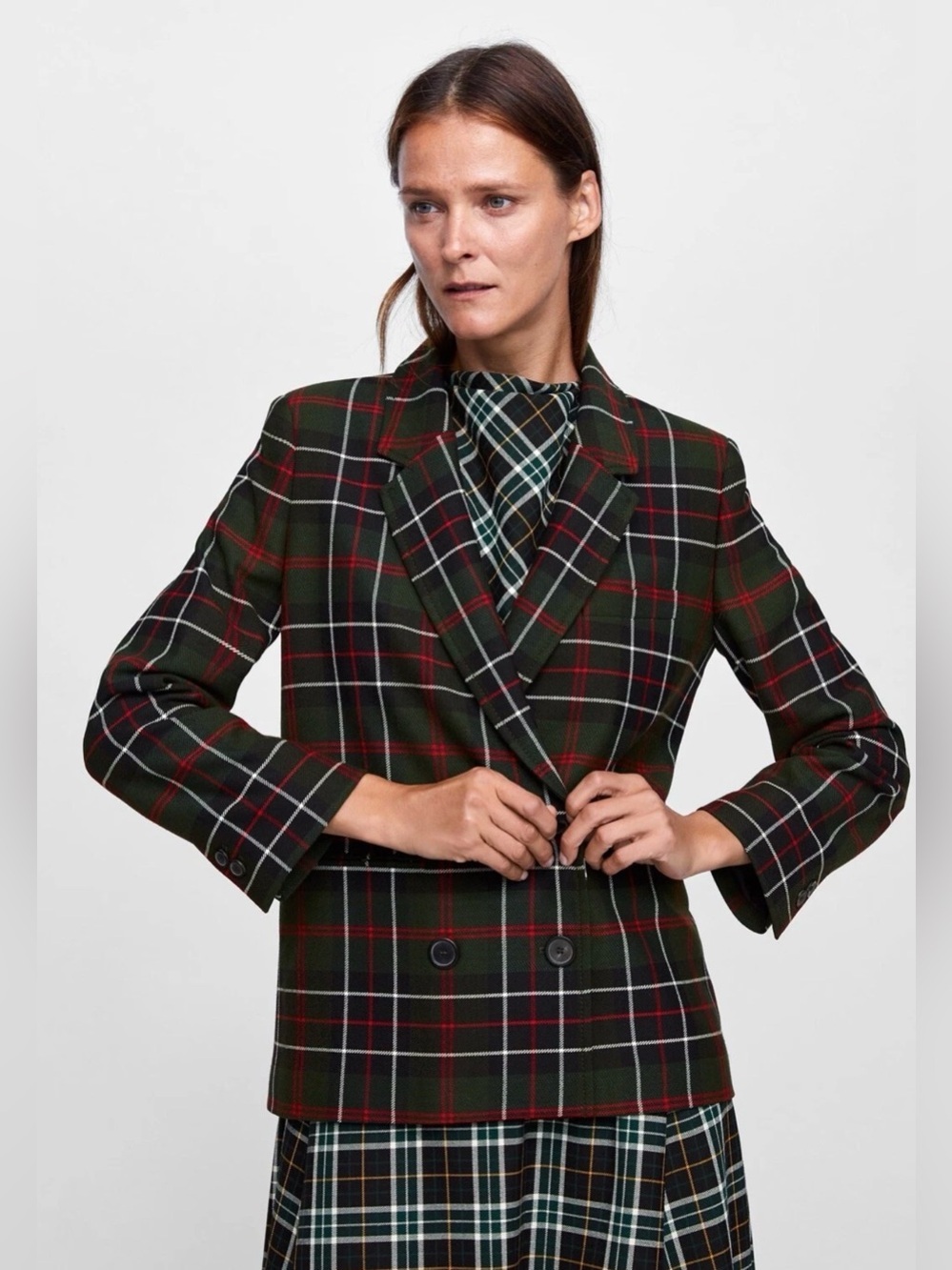 Zara Blazer Tartan Plaid Wool Blend Double Breasted , Small